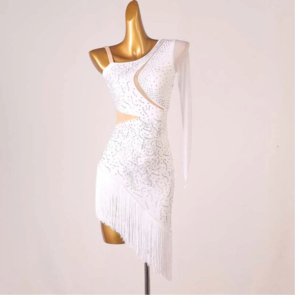White Asymmetrical Beaded Performance Dance Dress (open back + tassels) - Picture 1 of 10